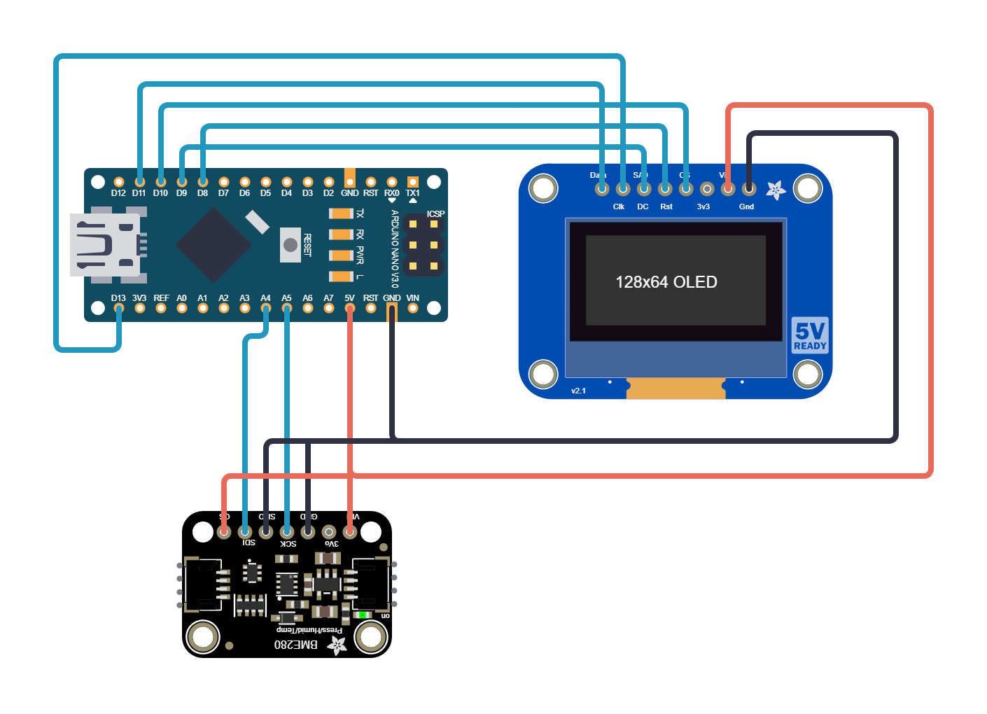 Arduino Nano with BME280 sensor over I2C and SSD1306 OLED over SPI for mini weather station