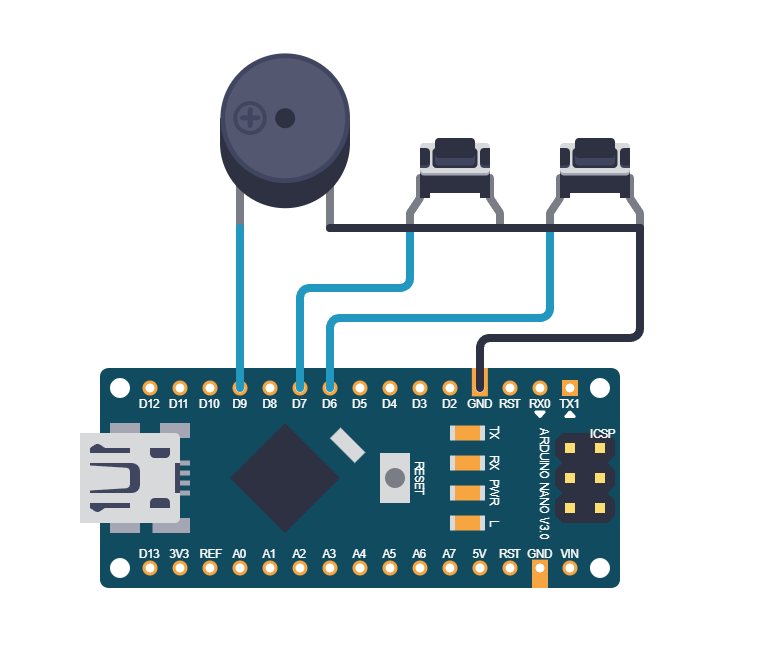 Arduino Nano with piezo buzzer and two push buttons on breadboard