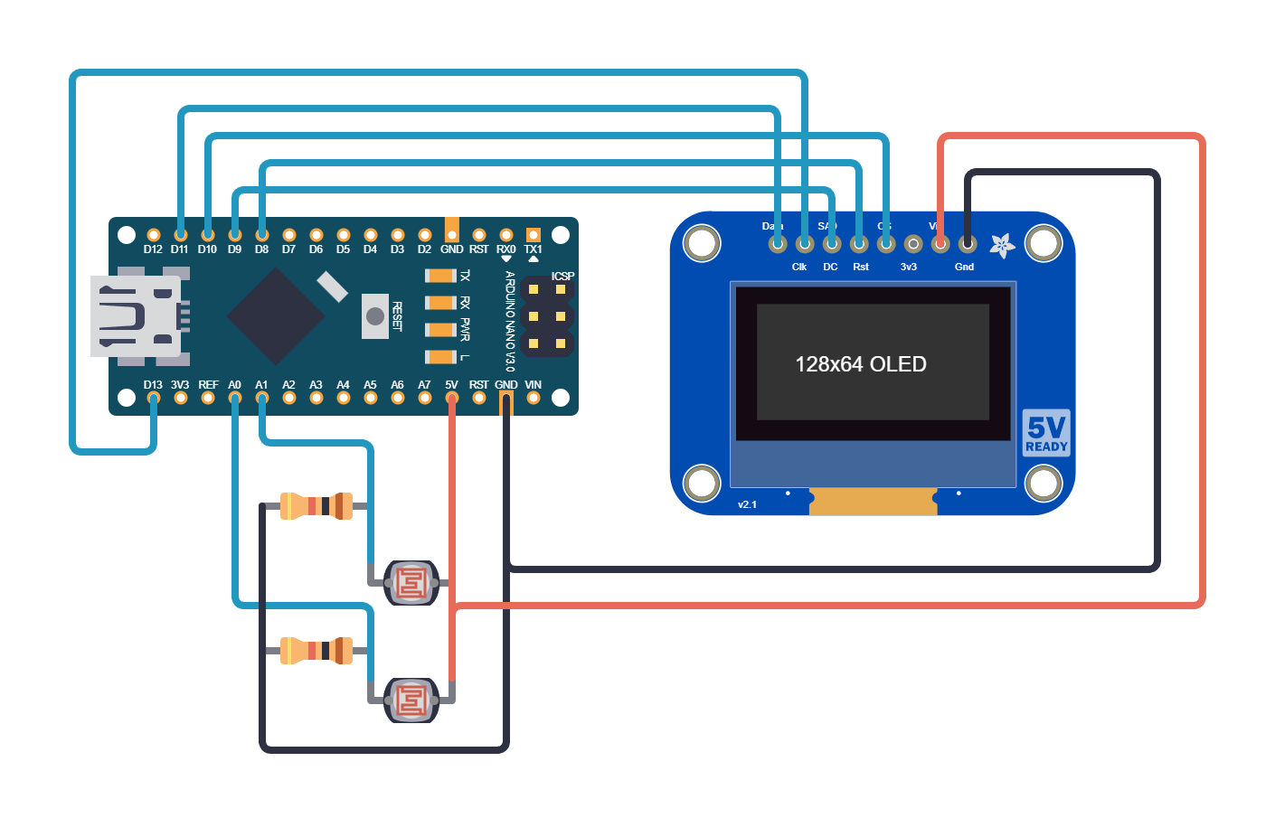 Arduino Nano with two LDRs and SSD1306 OLED for ADC light-tracking indicator