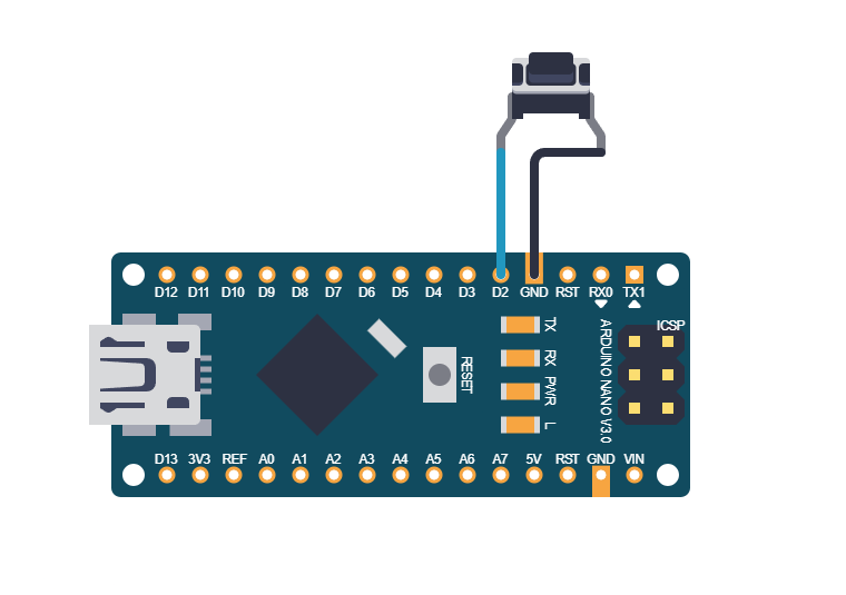 Arduino Nano with push button on PD2 for external interrupt reaction timer