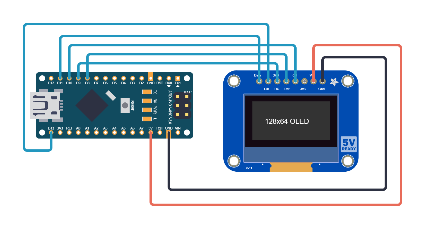 Arduino Nano wired to SSD1306 OLED over SPI for real-time clock display