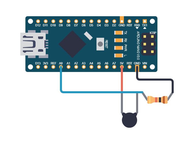 Arduino Nano with NTC thermistor voltage divider wired to ADC0 for UART temperature logger